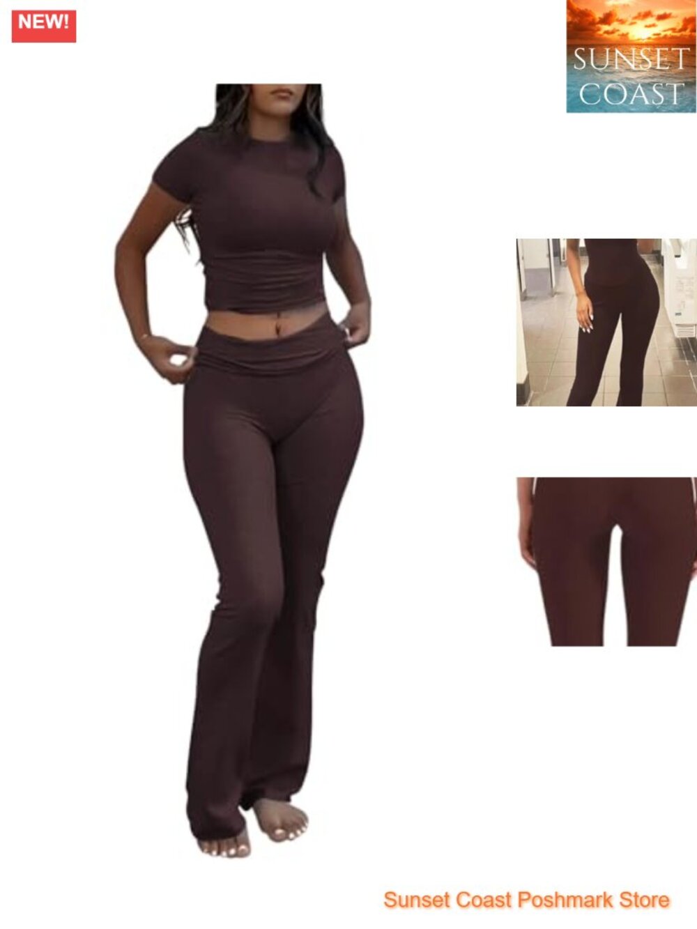 Two Piece Workout Set Short Sleeve Crop Top High Waist Foldover Flare Pants